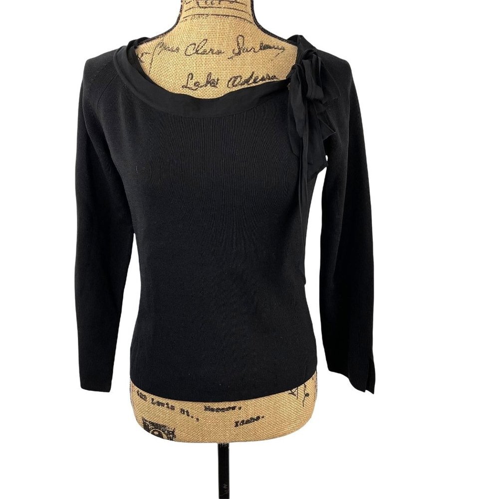 Due Per Due Ribbed Long Sleeve Shirt Black with Bow Detail Size Large